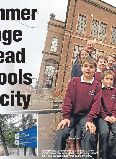  ??  ?? Main picture: Gregor Murray and Paul Clancy, middle back row, with Blackness Primary School staff and students. Left: Rosebank Primary.