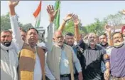  ?? PTI ?? Activists of Peoples Democratic Party (PDP) raising slogans during a protest rally in Jammu on Wednesday.