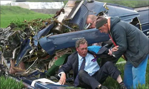  ?? ?? LUCKY TO BE ALIVE: A shocked Farage after the plane crash. Right: With pilot Justin Adams a week earlier, and inset, their doomed craft