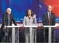  ?? WILL HEATH/NBC VIA WASHINGTON POST ?? From left, Larry David as Bernie Sanders, Maya Rudolph as Kamala Harris and Will Ferrell as Tom Steyer during a Saturday Night Live sketch in November 2019. The show plans to return for another live season of political parodies this weekend.
