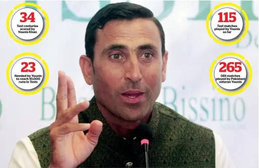  ?? AP ?? Test centuries scored by Younis Khan Needed by Younis to reach 10,000 runs in Tests Younis Khan during a press conference in Karachi on Saturday. — Test matches played by Younis so far ODI matches played by Pakistani veteran Younis