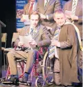  ?? Pictures / Supplied ?? Jake Bailey ( top) and ( above) with his former Christchur­ch Boys’ High principal Nic Hill during the standing ovation for his valedictor­y speech.