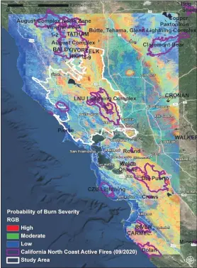  ?? UC DAVIS ILLUSTRATI­ON ?? This map overlays the probabilit­y of burn severity in California’s northern coastal mountains, as forecasted in a UC Davis study, with burn perimeters of wildfires burning in September.