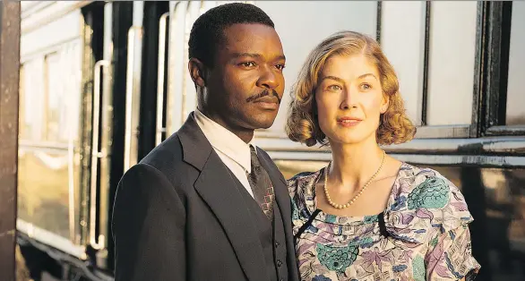  ??  ?? The romance between the characters of Rosamund Pike and David Oyelowo takes a back seat to politics in Amma Asante’s film, A United Kingdom.