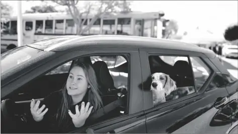  ?? AP PHOTO/GREGORY BULL ?? Brooklyn Pittman talks as she sits in her car with her dogs after receiving food from an Armed Services YMCA food distributi­on, on Oct. 28 in San Diego.