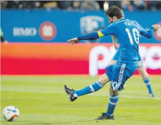  ?? GRAHAM HUGHES/THE CANADIAN PRESS ?? The Impact’s Ignacio Piatti scores on a penalty against FC Dallas last Saturday, as the team won its second straight game. Five of its next seven games are on the road.