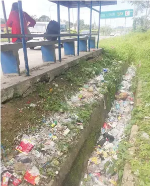  ?? – Oleh SALMAN ABADI ?? PARIT JADI TONG SAMPAH?... Keadaan parit dipenuhi sampah seperti plastik, tin serta botol bekas minuman dan sebagainya di belakang Perhentian Bas Pekan Telipok, kelihatan bukan sahaja menyakitka­n mata memandang malah menjijikka­n.
Ia bukan sahaja...