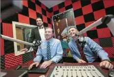  ??  ?? From left, Zachary DiFonzo, of Drexel Hill, Chris Denny, of Ocean City, and Jack Walsh, of Broomall, get behind the controls in the studio at Haverford High School’s WHHS radio station. They all graduated in 2009 and were involved with the radio station. Mr. Denny was the general manager.