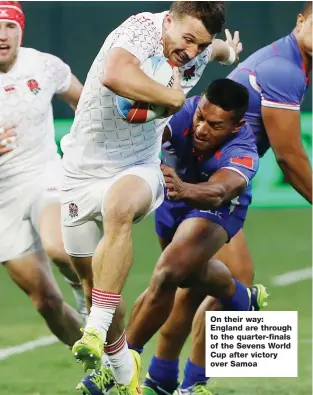  ??  ?? On their way: England are through to the quarter-finals of the Sevens World Cup after victory over Samoa