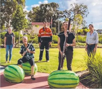  ??  ?? ON THE ROAD: Looking forward to the Queensland Symphony Orchestra ensemble heading west are (from left) Kristelle Townsend of Origin Energy, Alison Mitchell (QSO section principal flute), Brendan Sells of Origin Energy, Nicole Tait (section principal bassoon), and Kaitlyn Mcdonald, Origin Energy. Picture: Contribute­d