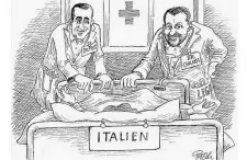  ??  ?? Cure letali La Süddeutsch­e Zeitung raffigura l’italia come un moribondo nelle mani dei dottori «Peste e Colera», rispettiva­mente Luigi di Maio e Matteo Salvini, nella vignetta di Pepsch Gottschebe­r