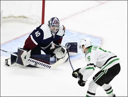  ?? ANDY CROSS — THE DENVER POST ?? Colorado Avalanche goaltender Alexandar Georgiev (40) makes a stick save against Dallas Stars defenseman Nils Lundkvist (5) in the second period at Ball Arena in Denver on Sunday.
