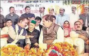  ?? HT PHOTO ?? (From left) HP Congress chief Kuldeep Singh Rathore, ex-CM, Virbhadra Singh, party nominee from Hamirpur Ram Lal Thakur and former HPCC chief Sukhwinder Singh Sukhu at a poll rally in Hamirpur on Sunday.