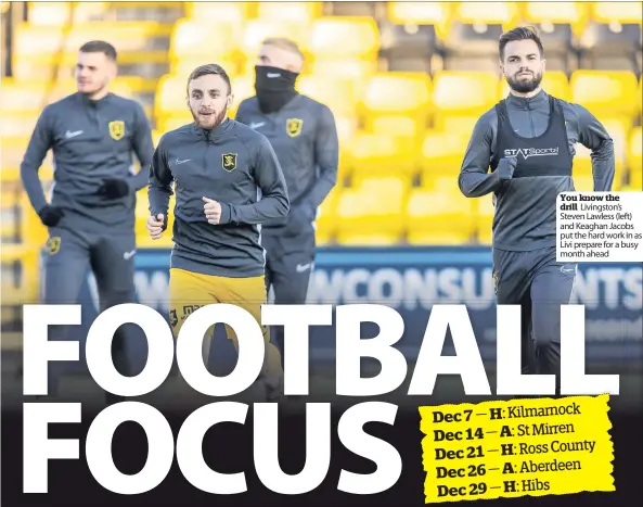  ??  ?? You know the drill Livingston’s Steven Lawless (left) and Keaghan Jacobs put the hard work in as Livi prepare for a busy month ahead