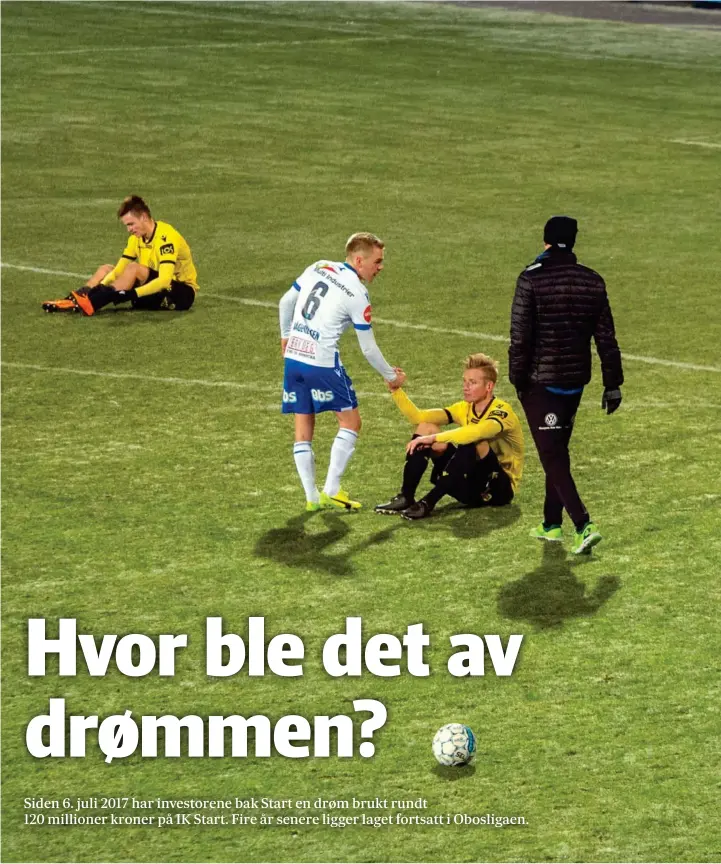  ?? FOTO: JIM RUNE BJORVAND ?? Espen Hammer Berger, Simon Larsen og Niklas Sandberg depper etter nedrykket til førstedivi­sjon i 2018. Haugesunds Joakim Våge Nilsen prøver å trøste Larsen.