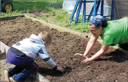  ?? MICHILEA PATTERSON — DIGITAL FIRST MEDIA ?? Elisa Rose, left, plants seeds in the ground with her son William, 7, at the new ArtFusion 19464 Dirt to Tablecloth Community Farm in West Pottsgrove.