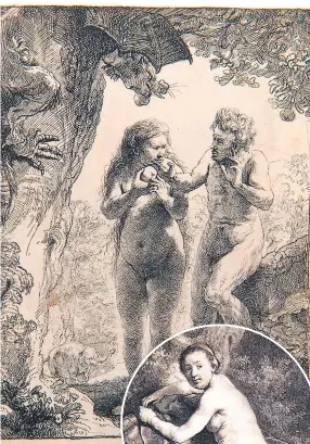  ??  ?? “Adán y Eva”, que refleja las redondeces y gorduras, angustia y miedo, muestra que Rembrandt no estaba interesado en cuerpos idealizado­s.