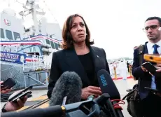  ?? — AFP photo ?? Harris speaks to the media onboard USS Howard at the naval base in Yokosuka, Kanagawa Prefecture.