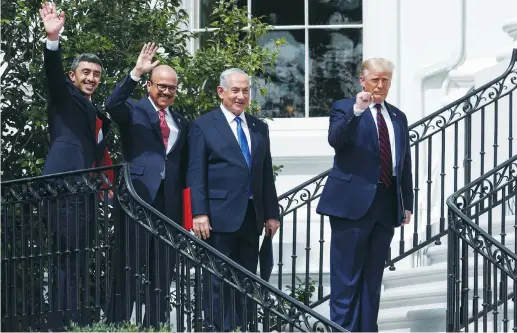  ?? ( Tom Brenner/ Reuters) ?? THE LEADERS of Israel, the UAE, Bahrain and the US stand together after signing of the Abraham Accords, normalizin­g relations between Israel, the UAE and Bahrain, at the White House, earlier this month.