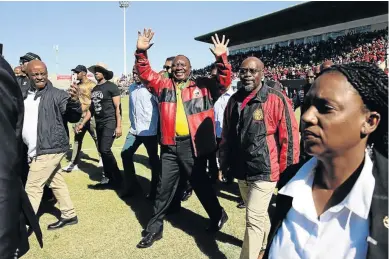  ?? / WERNER HILLS ?? Thousands of people attended the May Day Rally in Kwazakhele, Port Elizabeth. President Cyril Ramaphosa and Cosatu president Sdumo Dlamini arrive at the stadium.
