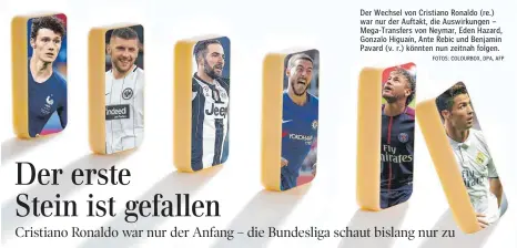  ?? FOTOS: COLOURBOX, DPA, AFP ?? Der Wechsel von Cristiano Ronaldo (re.) war nur der Auftakt, die Auswirkung­en – Mega-Transfers von Neymar, Eden Hazard, Gonzalo Higuaín, Ante Rebic und Benjamin Pavard (v. r.) könnten nun zeitnah folgen.