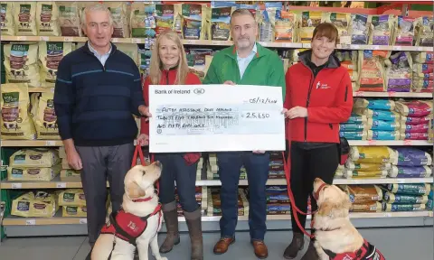  ??  ?? Ciaran O’Neill, Managing Director, Maxi Zoo Ireland, Nuala Geraghty, CEO, Autism Assistance Dogs Ireland, John Considine, chairman of Autism Assistance Dogs Ireland and Eadaoin O’Gorman also of AADI along with dogs Jamie and Koda.