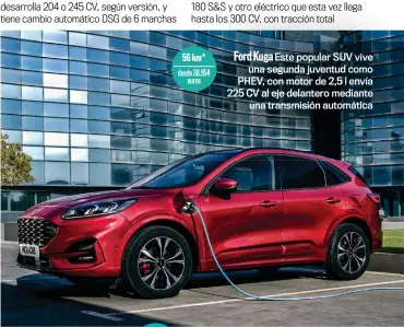  ??  ?? 56 km* desde 38.954 euros
Ford Kuga Este popular SUV vive una segunda juventud como PHEV, con motor de 2,5 l envía 225 CV al eje delantero mediante una transmisió­n automática