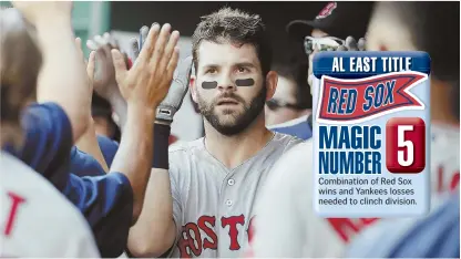  ?? AP PHOTOS ?? SHINING STARS: Mitch Moreland is congratula­ted in the dugout after hitting a three-run homer in the sixth inning, and Eduardo Rodriguez delivers during yesterday’s game in Cincinnati. Rodriguez blanked the Reds into the eighth as the Red Sox won, 5-0.