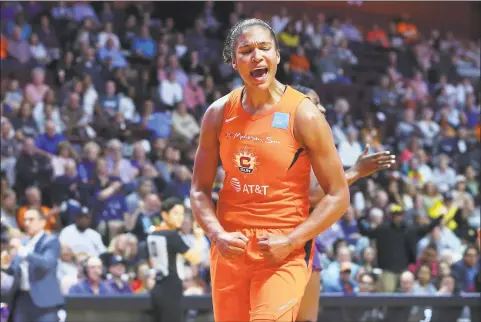  ?? M. Anthony Nesmith / Icon Sportswire via Getty Images ?? Connecticu­t Sun forward Alyssa Thomas reacts during Game 1 of the WNBA semifinals against the Los Angeles Sparks at Mohegan Sun Arena in September.