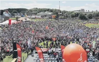  ??  ?? Thousands gathered at the Durham Miners’ Gala to listen to the speakers on the Racecourse Ground.