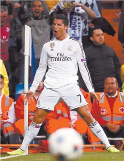  ?? Picture: Reuters ?? CLOSE CALL. Real Madrid’s Cristiano Ronaldo celebrates after scoring his second goal during their Champions League match against Schalke at the Santiago Bernabeu last night.