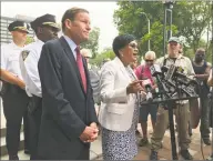  ?? Brian Zahn / Hearst Connecticu­t Media ?? U.S. Sen. Richard Blumenthal, New Haven Mayor Toni N. Harp, and Police Chief Anthony Campbell address the media Friday.
