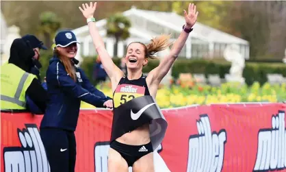  ??  ?? Stephanie Davis wins the women’s marathon race in last week’s trials at Kew Gardens in London. Photograph: Tom Dulat/British Athletics/Getty Images