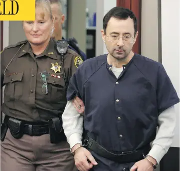  ?? JEFF KOWALSKY/AFP/GETTY IMAGES ?? Former sports doctor Larry Nassar arrives for impact statements during a hearing Wednesday in Lansing, Mich. Nassar was sentenced to 40 to 175 years in prison for sexually assaulting girls and young women under his care.