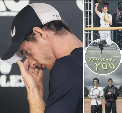  ??  ?? HIGHS AND LOWS: An emotional Andy Murray in Melbourne. Right, as Wimbledon champion in 2016; a thank you in Dunblane, and as a rising tennis star with his brother, Jamie.