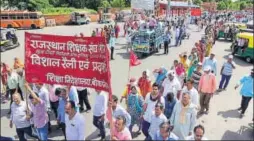  ?? PTI ?? Rajasthan Shikshak Sangh members stage a protest rally to press for their various demands in Bikaner on Monday.