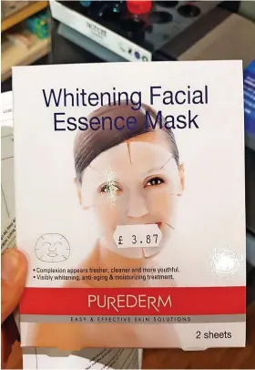  ??  ?? The skin whitening facial mask which was on sale at a pharmacy in Bristol. The shop has now removed the product from sale