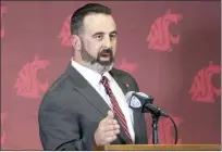  ?? Lewiston Tribune via AP / PETE CASTER photo ?? Nick Rolovich speaks during a news conference Thursday after being officially introduced as Washington State head coach.