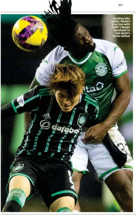  ?? ?? Heading into battle: Bushiri in action with Celtic’s Kyogo Furuhashi in last week’s home defeat