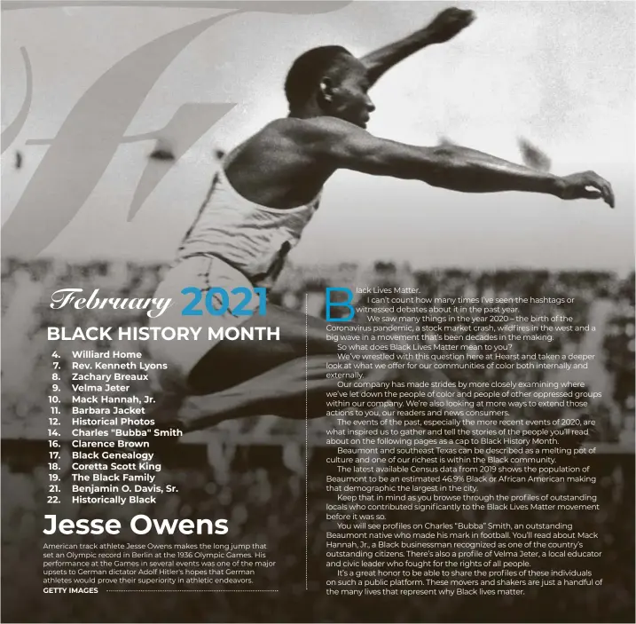  ?? GETTY IMAGES ?? Jesse Owens American track athlete Jesse Owens makes the long jump that set an Olympic record in Berlin at the 1936 Olympic Games. His performanc­e at the Games in several events was one of the major upsets to German dictator Adolf Hitler's hopes that German athletes would prove their superiorit­y in athletic endeavors.