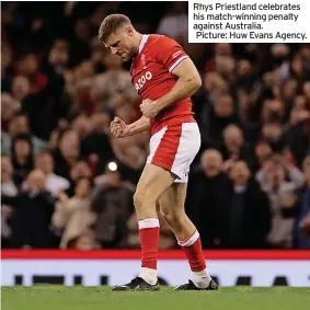 ?? ?? Rhys Priestland celebrates his match-winning penalty against Australia.
Picture: Huw Evans Agency.