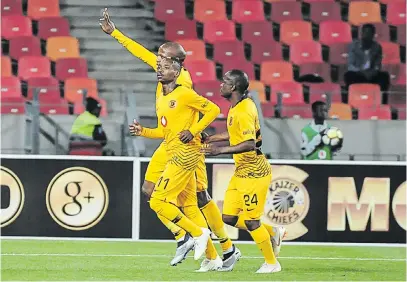  ?? Picture: BackpagePi­x ?? JUBILATION. Lebogang Manyama, Khama Billiat and Siphosakhe Ntiya-Ntiya of Kaizer Chiefs celebrate a goal during the CAF Confederat­ions Cup game against Zimamoto in Port Elizabeth last night.