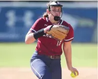  ?? ?? Texas A&M University-texarkana pitcher Anna Westberry delivers a pitch in this undated photo. Westberry struck out a season-high 15 batters and gave up just one hit in a shutout victory over Southwest on Friday in Hobbs, New Mexico. (Photo coutesy of Texas A&M University-texarkana/tamuteagle­s.com)