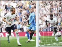  ?? ?? TWO TO THE GOOD: Harry Kane wheels away after finding the net, despite the protests from Fulham goalkeeper Leno