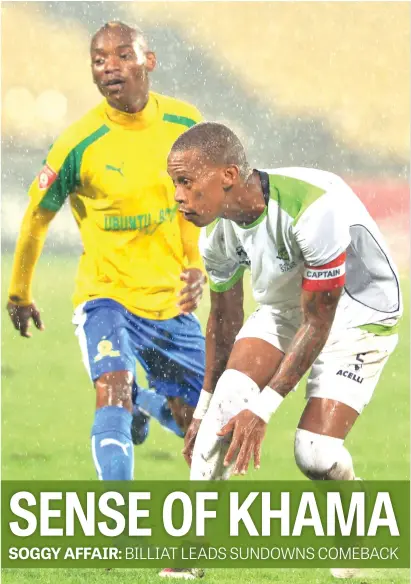  ?? Picture: Gallo Images ?? SLIP AND SLIDE. Khama Billiat of Sundowns, left, and Platinum Stars’ Vuyo Mere go head to head during their Absa Premiershi­p match at the Royal Bafokeng Stadium in Rustenburg last night.