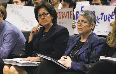  ?? Rich Pedroncell­i / Associated Press ?? The office of University of California President Janet Napolitano (right) allegedly ordered officials at UC campuses to reveal their confidenti­al responses to secret audit surveys.