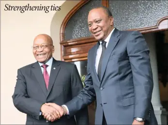  ?? PICTURE: SIBONELO NGCOBO/AFRICAN NEWS AGENCY/ANA ?? President Jacob Zuma shake hands with President Uhuru Kenyatta of Kenya after the latter’s arrival at the presidenti­al residence in Durban.