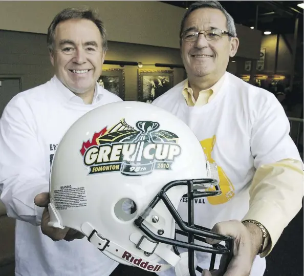  ?? TOM BRAID ?? Co-chairs for the 2010 Grey Cup committee Rick LeLacheur and Doug Goss still hold the record for the quickest sellout of Grey Cup tickets at six days. This year’s organizing committee fell 4,442 tickets short of a sellout over the same window of time...