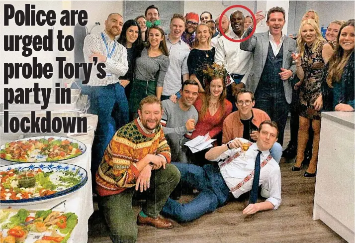  ?? ?? Basement do: Former London mayoral candidate Shaun Bailey, circled, and Tory donor Nick Candy (grey jacket) at the party at Conservati­ve HQ in December last year