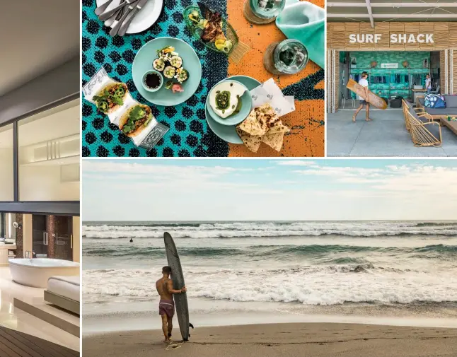  ??  ?? SURF CHIC Clockwise from left: a private infinity pool outside one of the hotel’s 12 penthouse suites; a platter of healthy treats at Como Beach Club; Como Uma Canggu’s Surf Shack, which is run by Tropicsurf; a surfer heads into the waves at Echo Beach, mere steps away from the hotel